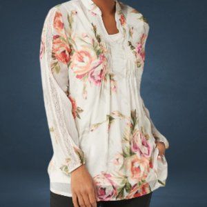 Susan Graver Printed Sheer Chiffon Tunic Set with Lace Trim - Colors - 1X